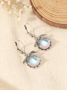 1 Pair Retro Dragonfly & Moonstone Pendant Earrings, Versatile Daily Wear Jewelry Gift For Women