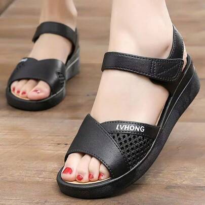 Sandalias de verano para mujer: unicolor casual, diseño hueco y transpirable, cierre de gancho y bucle, tacón plano para la playa, sandalias planas multifuncionales, cómodas