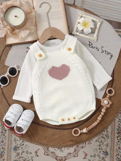 1pc Baby/Toddler Girls' Heart Pattern Knit Romper, Sleeveless Jumpsuit, Casual & Minimalist
