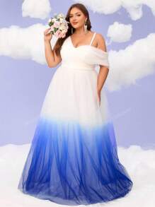 Plus Size Women Ombre V-Neck Formal Maxi Dress, Cocktail Party Prom Gowns, Backyard Wedding Dresses, Single Shoulder