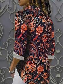 Plus Size Women Casual Cashew Print Long Sleeve Single-Breasted Shirt, Suitable For Daily Wear, Autumn/Winter