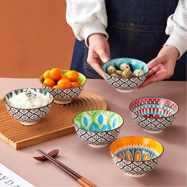 6pcs/Set - 4.72 Inch Glazed Ceramic Bowls, Bohemian Style Ceramic Bowl Set, Cereal Bowl, Soup Bowl, Dessert Bowl, Salad Bowl, Rice Bowl, Dishwasher/Oven/Microwave Safe, Multi-Functional Kitchen Tableware, Suitable For Home And Restaurants,School Supplies