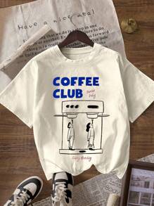 نساء غير رسمي مضحك "نادي القهوة" طباعة جرافيك رقبة دائرية كم قصير تي شيرت