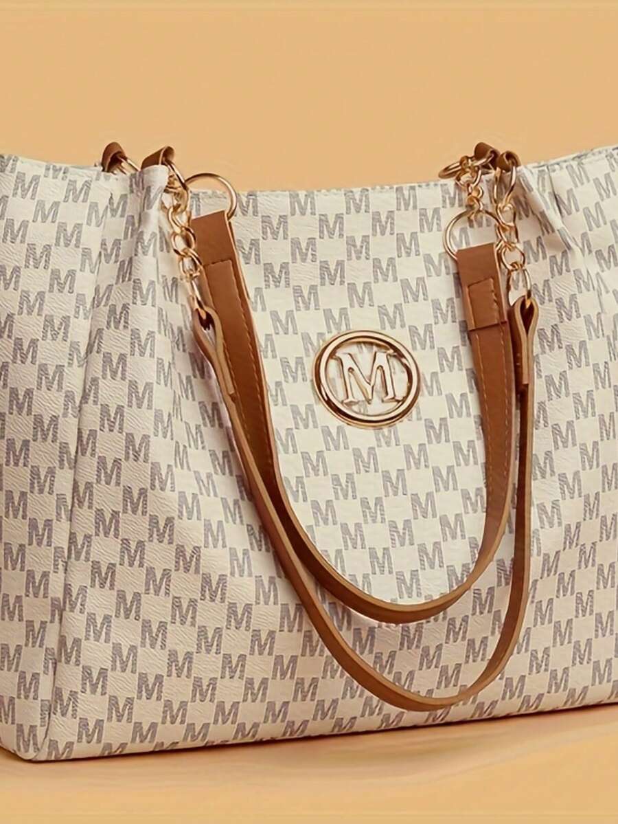 Ladies' Retro Shoulder Bag - Large-Capacity Multi-Functional Hand-Held/Crossbody Bag, M-Shaped Decorative Accessories, Adjustable Chain Strap & Zipper Closure, Machine Washable - Mother's Day Gift (Dark Brown/White/Black), Travel Tote Bag, Checkered Design, Gold Accents - 白色 - 查看 1