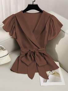 优雅V领纯色荷叶袖系带衬衫，配腰带，夏季款 - 棕色 - 查看 6