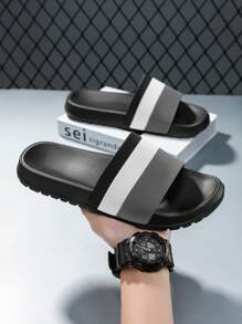 Teenagers' Gray & White Contrast, Casual Beach/Outdoor Slippers, School/Bathroom/Pool Slides, Sports Sandals, Thick & Soft Comfortable