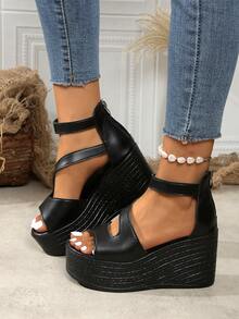 Sandali con zeppa, punta aperta e tacco oversize, con cerniera sul retro, di moda e versatili, antiscivolo, con platform, colore nero, adatti per l'estate