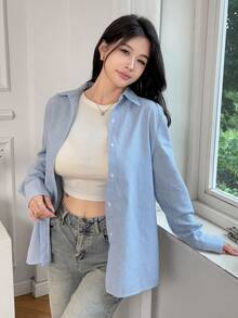 Women's Striped Button Down Long Sleeve Casual/Business Blouse - Blue and White - View 1