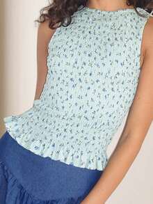 Women Sleeveless Smocked Tank Tops Summer Striped/Floral/Dot Pattern Round Neck Slim Fit Ruffled Vest Shirts - 藍色 - 查看 1