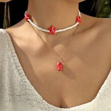 1pc Summer New Ceramic Fish & Starfish Tassel Pearl Bead Charm Layered Necklace