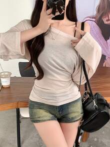 透视系腰长袖宽松罩衫，凸显身材 - 杏色 - 查看 3