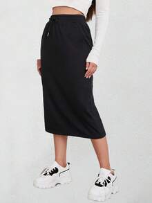 Elastic High Waist Maxi Skirt For Women Drawstring Solid Color Slit Back Skirts - màu đen - Xem 1