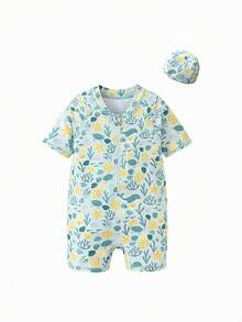 mini bala Kids' Summer One-Piece Swimsuit – Short Sleeve With Cap, UV Protection - Blue Tint - View 4