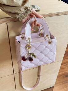 1pc Women Fashion New Cherry Quilted PU Leather Handbag, Simple Chic Square Bag With Elegant Refined Vibe, Suitable For Daily Commute, Dating, Shopping, Versatile Stylish Purse With Cherry Charm As Gift For Valentine's Day - Purple - View 2