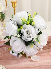 1 Strauß weiße/champagnerfarbene/blaue Hochzeitsbrautblumen, Schleifen-Dekoband mit Perlen Brautstrauß, romantische Blumenanordnung, westlicher Stil künstlicher Blumenstrauß