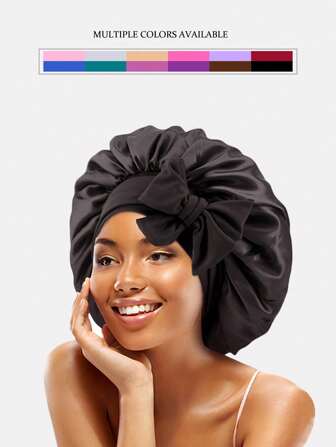 1入女士36cm直徑帶絲帶、蝴蝶結、絲綢樣材質的可拉伸帽子，寬邊，適用於睡覺、造型、美容和理髮的絲綢防曬帽