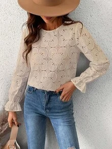 Women Eyelet Long Sleeve Tops Shirts Dressy Hollow Out Crochet Lace Embroidered Blouses 2025 Fashion