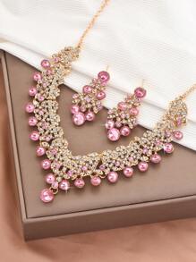 3pcs/Set Women's Fashion Luxury Pink Necklace & Earrings Jewelry Set, Bridal Wedding Dress Accessories, Women Jewelry Suit For Wedding, Party, Banquet, Prom