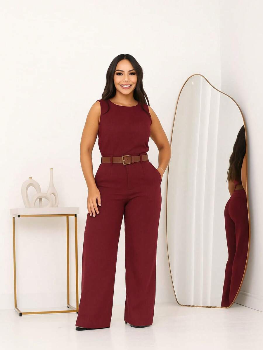 Women's Set Tank Top And Pants Tailored Simple Elegant Casual With Belt Pocket - 酒紅色 - 查看 1