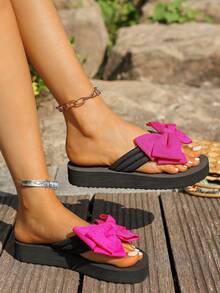 Women's Summer Sandals, Bow Decor Slippers, Vacation Style Slides, Comfortable Convenient Slip-On Sandals, Thick-Soled Beach Sandals, Women's Summer Thong Sandals - Hot Pink - View 4