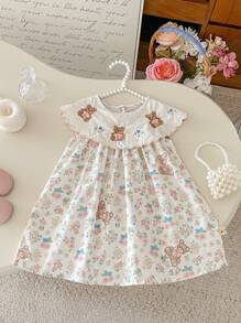 Baby Girl Floral & Bear Pattern Sweet Allover Print Dress, Summer