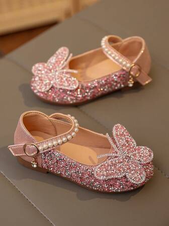 1 par plusstorlekar 2025 nya mode mångsidiga rosa flickskor med pärlor och strass, söta platta skor, rund tå, lämpliga för vardagsbruk, dans, utomhus på vår och höst, glitterdekoration, stängd tå, prinsessbalett, små i storleken