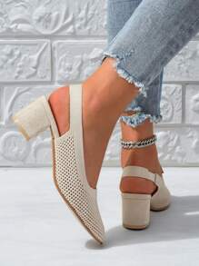 Knitted Mesh Cap Toe Back Strap Summer New Versatile Temperament Pointed Toe Low Vamp Side Hollow Thick Heel Sandals For Women