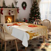 1pc Polyester Christmas Snowman Theme Tablecloth, Warm Golden Background With Exquisite Gifts & Christmas Tree Decorations, Suitable For Holiday Parties And Family Gatherings, Adds Festive Atmosphere. Ideal For Outdoor Parties, Picnics, Dinners, Home And Restaurant Decor