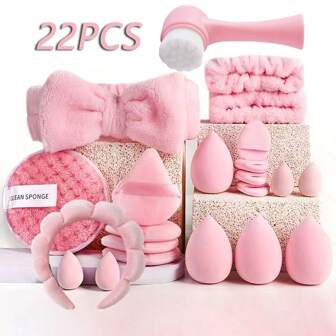 22-Piece Beauty Set – Soft Headband, Wristbands, Makeup Sponges, Powder Puffs & Cleansing Brush