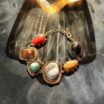 1 Pc Elegant Minimalist Retro Bohemian Style Women's Fashion Bracelet With Resin Gems, Versatile Daily Accessories