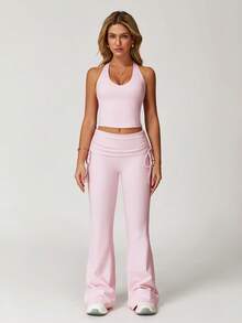 MASKERT 【2件套】女套装瑜伽服套装背心喇叭裤套装运动服高弹跑步健身服两件套休闲舒适亲肤 - 粉色 - 查看 5