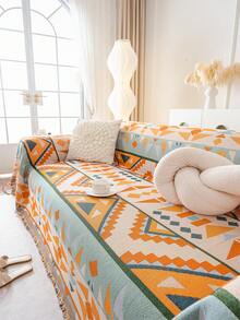 波西米亚风沙发套，几何图案单件沙发套，带流苏 - 可机洗，宠物友好型沙发保护套，适用于1/2/3/4座沙发，家居装饰必备单品 - 彩色 - 查看 1