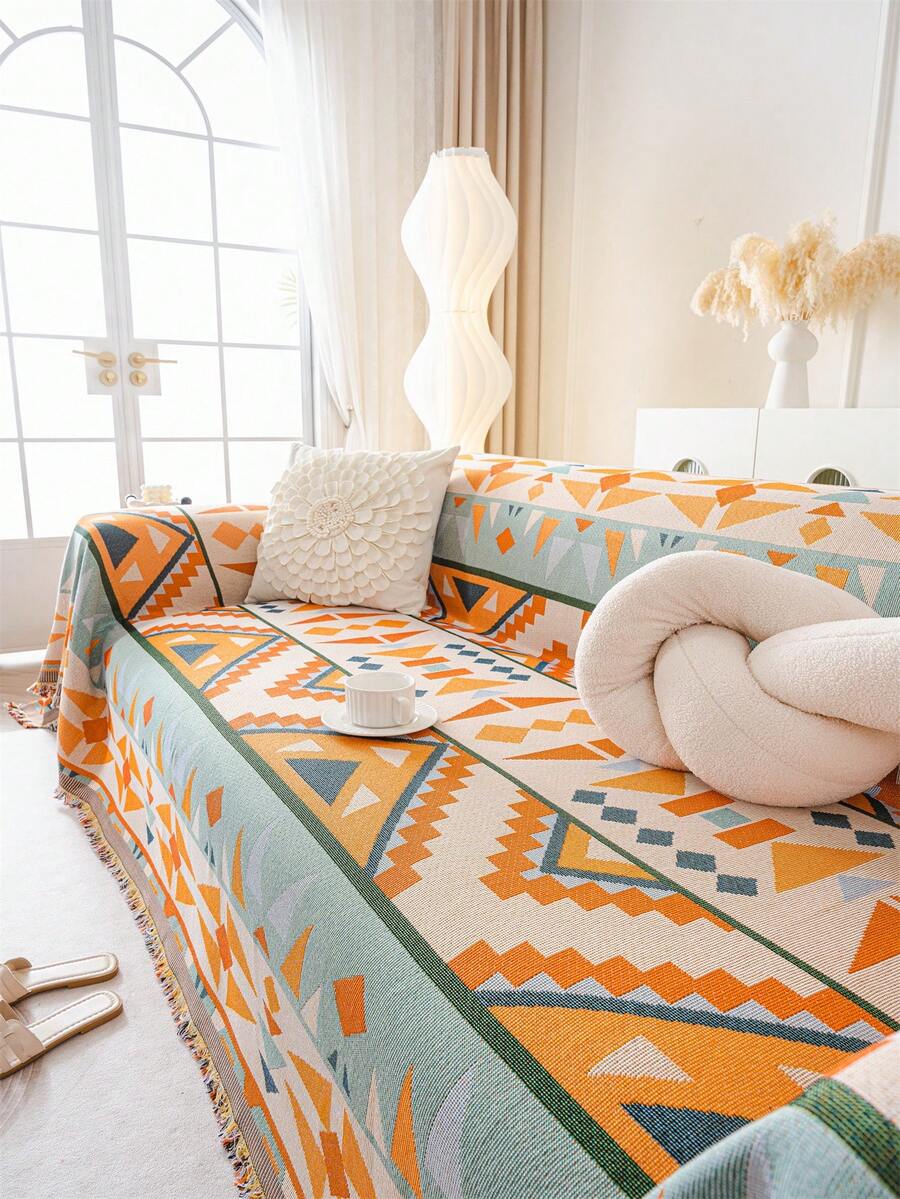 波西米亚风沙发套，几何图案单件沙发套，带流苏 - 可机洗，宠物友好型沙发保护套，适用于1/2/3/4座沙发，家居装饰必备单品 - 彩色 - 查看 1