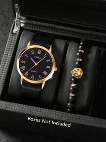 LIANDU LIANDU 2 Stück/Set Herrenuhr Mode Lässig Quarz Rundes Zifferblatt Armbanduhr und Löwenkopf Perlenarmband Schmuckset, geeignet für den täglichen Gebrauch, Schulanfangszeit, Abschlusszeit, Thanksgiving, Paare, die besten Geschenke, Uhrenbox nicht enthalten