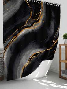 1pc/4pcs Black Marble Patterned Summer Shower Curtain Four Piece Set, Including Waterproof Shower Curtain, Non Slip Floor Mat, Toilet Seat Cover, And U-Shaped Mat, Complete Set Of Shower Curtain Kit, Twelve Hooks, Bathroom Decoration, Holiday Gift Back To School