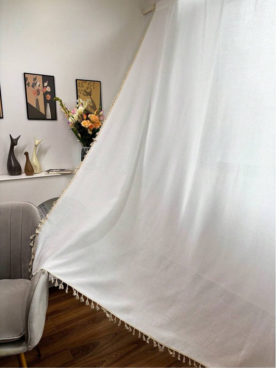 1 件白色薄纱窗帘，带米色流苏，简约风格，适合卧室/客厅