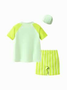 mini bala 儿童游泳套装 - 短袖防晒衣 + 泳裤 + 泳帽，防紫外线三件套 - 黃綠色調 - 查看 5