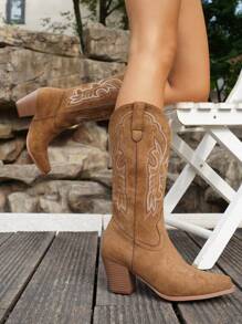 2024 Spring/Fall New Plus Size Women's V-Cut Pointed Toe Chunky Heel Embroidery Western Cowboy Boots, Outdoor Fashion Slip-On Mid-Calf Boots