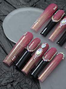 10 peças de unhas postiças artesanais, unhas rosa, strass, adesivos, faça você mesmo, suprimentos para unhas, unhas postiças, estilo francês, bailarina extra longa, unhas postiças com cobertura total estilo flor, estilo garota atraente, atualize seu visual, adequado para festas/festivais de música e uso diário, viagens para mulheres/meninas, festa