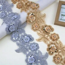 1碼金色線繡珠繡花邊，裝飾服裝婚紗，手工DIY材料適用於服裝或包袋 - 金色 - 查看 9