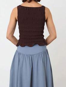 Women's Summer Smocked Tank Tops Solid Color/Plaid Sleeveless Boat Neck Ruffled Hem Slim Fit Vest - Dark Brown - View 4