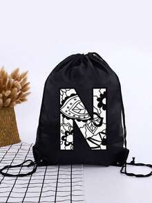 1pc A-Z Graffiti Letter Unisex Kids Outdoor Backpack, Drawstring Closure Bags, Large Capacity Sports Rucksack, Cute Cartoon Letter Print Sports Bag - Black - View 19