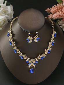 3pcs Fashionable & Elegant Rhinestone, Blue Crystal Pendant Necklace & Earrings Set, Women Jewelry Set, Bridal Jewelry Set, Party, Christmas, New Year Gift - Gold Blue - View 8