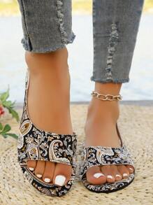 Boho Floral Print Flat Sandals With Ankle Strap, Slip-On Design For Beach, Casual, Fashion & Comfortable Leisure Wear For Women