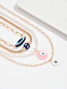 4 件套波西米亚风格奢华多层珍珠恶魔眼吊坠项链套装，高端时尚，适合女性日常、旅行、度假穿着 - 彩色 - 查看 4