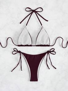 New European And American Style Women 2-Piece Bikini Swimsuit Set - Burgundy - View 2