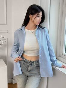 Women's Striped Button Down Long Sleeve Casual/Business Blouse - Blue and White - View 4