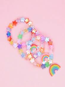 Set de 3 piezas Pulseras para niñas con cuentas en forma de estrella de cinco puntas arcoiris, aptas para uso diario