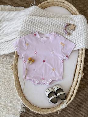 Newborn Baby Girls Cute Ditsy Floral Embroidery Short Sleeve Bodysuit Bodysuit, Summer