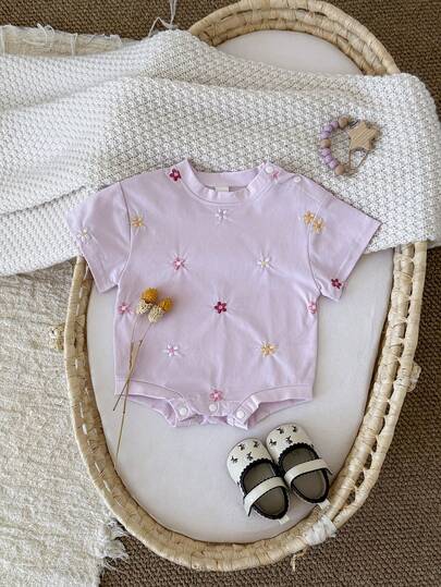 Newborn Baby Girls Cute Ditsy Floral Embroidery Short Sleeve Bodysuit Bodysuit, Summer